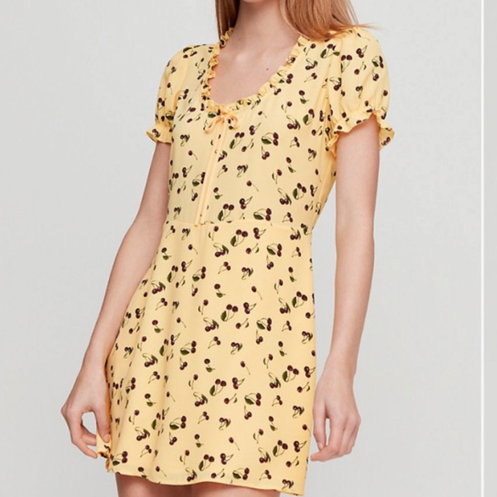 Yellow Cherry-Print Short Sleeve Mini Dress